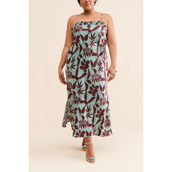 Anthropologie Dresses & Skirts - Anthropologie Maxi Slip Dress Size 1X Mint Green Brown Botanical Satin Leg Slit